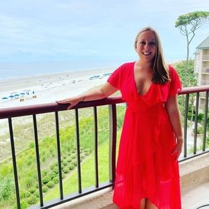 Red flowy ASOS dress with ruffles and tie waist